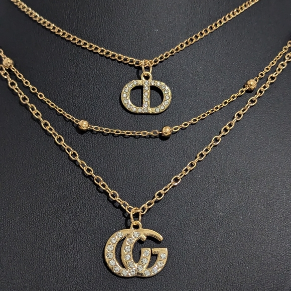 Gold Triple Layer Necklace with Crystal Accents - Picture 2 of 3